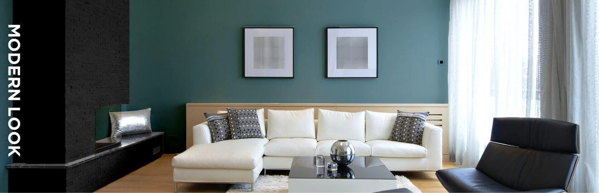 Living room with green, beige and black colour scheme.