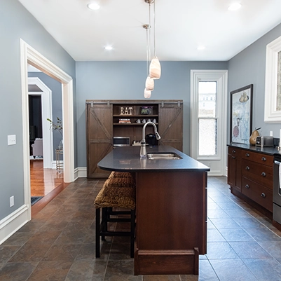 Kitchen cupboards and island.