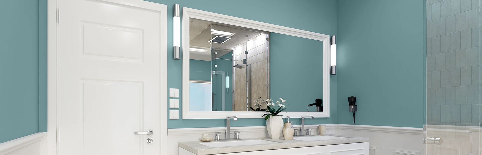 Bathroom in seafoam green, light gray, and white walls.