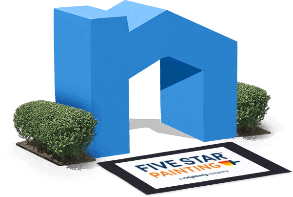 Neighborly logo graphic in shape of house between pair of hedges in front of Five Star Painting branded doormat.