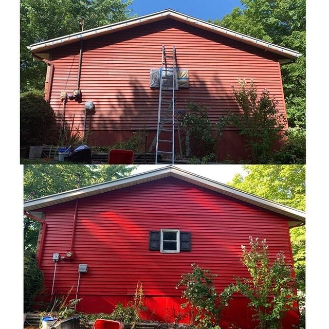 Before and after of exterior painting project on a home