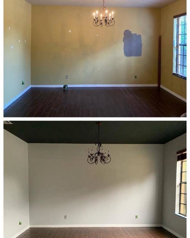 Bedroom repairs and painting. Custom colors walls and SW7005 Extra White trim, with paint from Sherwin Williams.