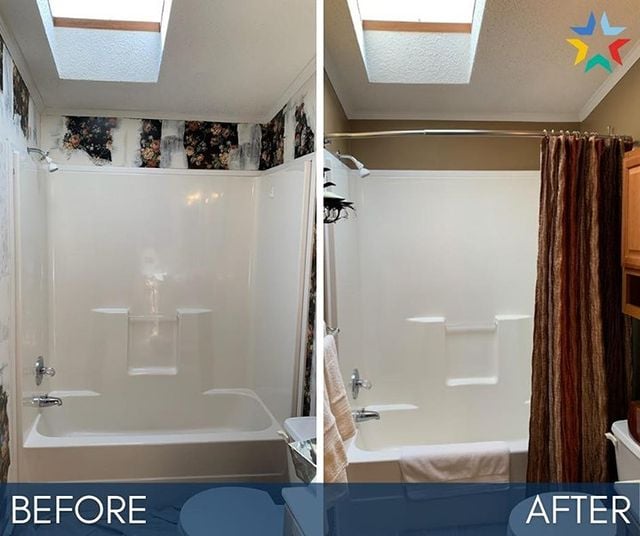 Before after wallpaper removal in bathroom.