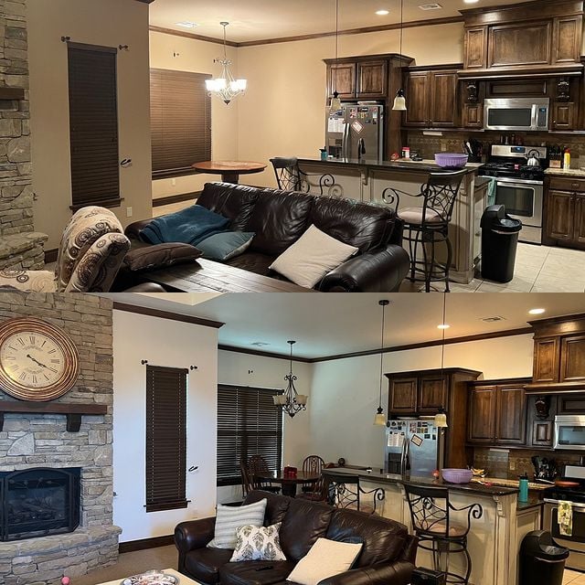 Before and after living room and kitchen. Colors: Sherwin Williams - SW 7551 Greek Villa walls and ceilings