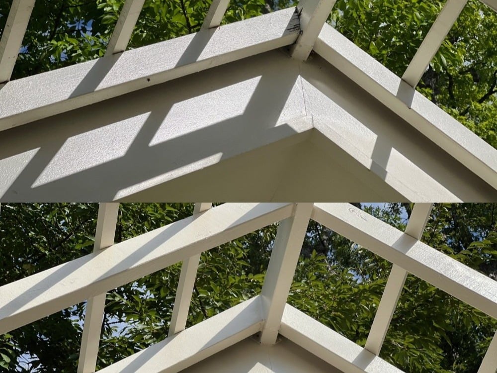 Before and After of Community Pergola Deteriorated Wood Repair Painted Farrcroft Amber White