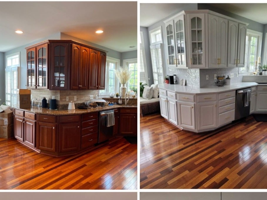 Before and After Transformation of Brown Kitchen Cabinets to White.