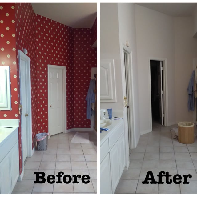 Before and after bathroom wallpaper to white paint