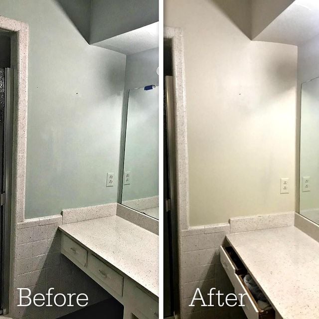 Before and after bathroom vanity repainting