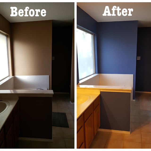 Before and after bathroom wall cream to blue