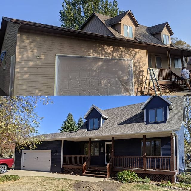 Before and after blue house with white garage