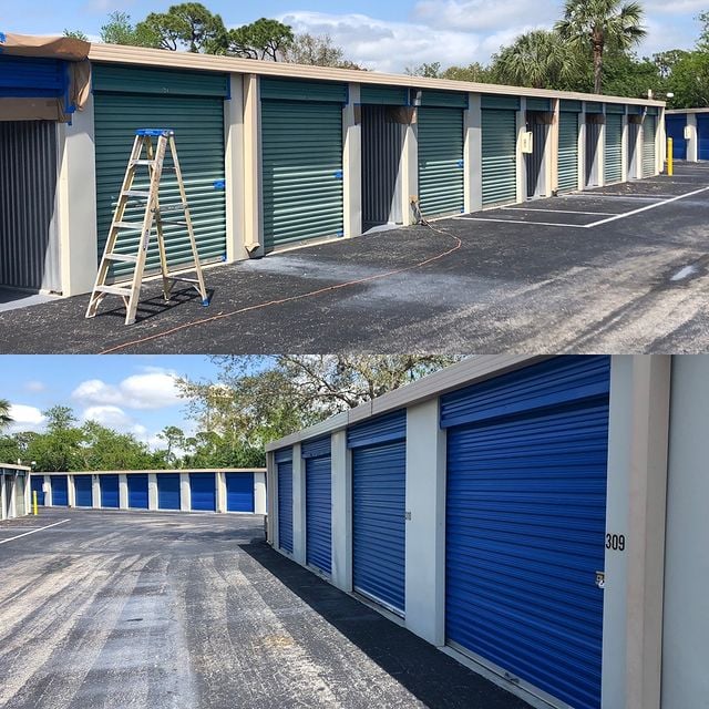 Before and after commercial storage unit with blue garage doors