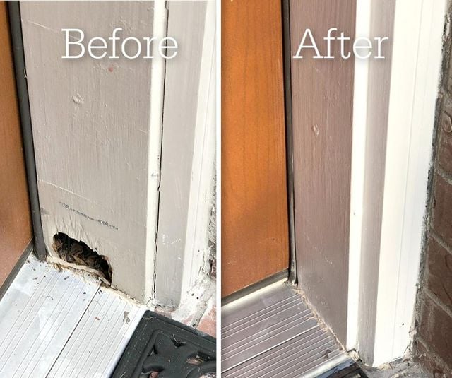 Before and after door frame repair