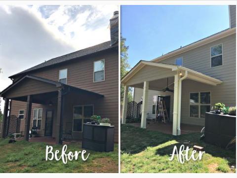 Before and after exterior painting dark to light patio and roof trim