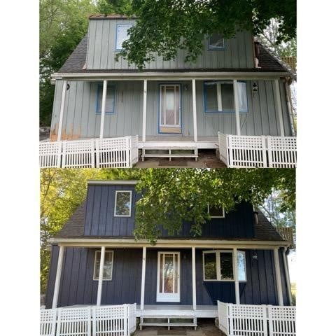 Before and after exterior painting project on a two story home