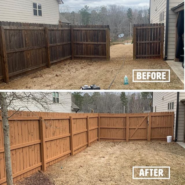 Before and after fence painting from warn out to beautiful brown