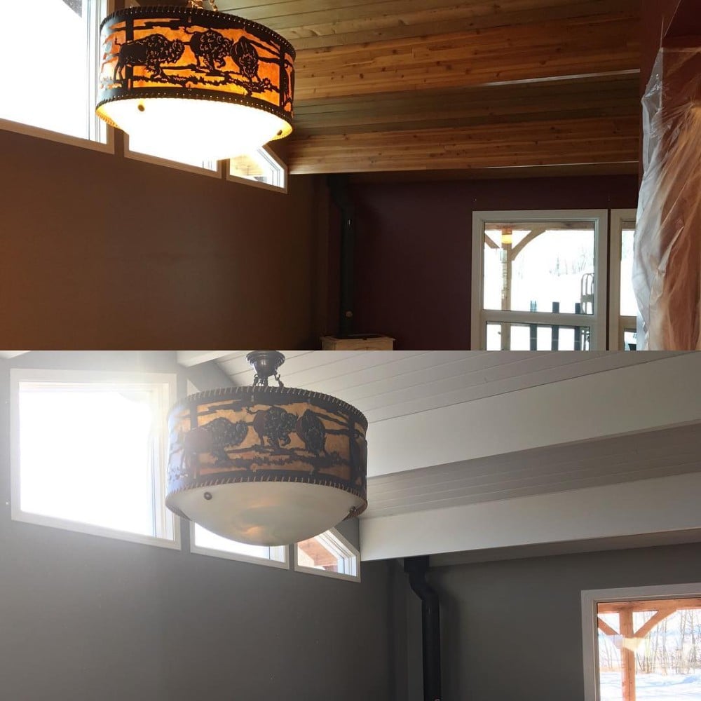 Before and after images of oak ceilings