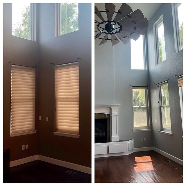 Before and after interior painting project on two story home with multiple windows