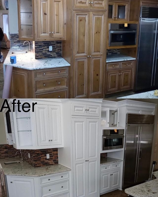 Before and after kitchen cabinet painting from plain wood to white