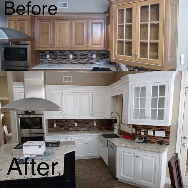 Before and after kitchen cabinet painting from plain wood to white2