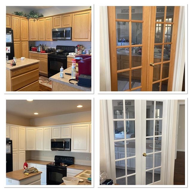 Before and after kitchen cabinet repainting and French doors