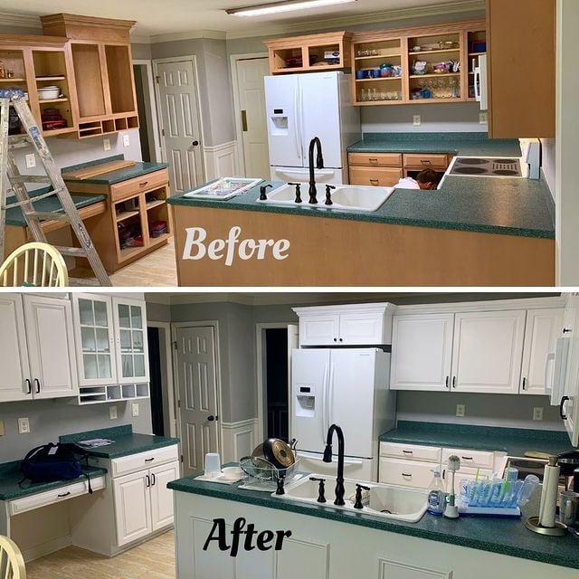 Before and after kitchen painting brown to white