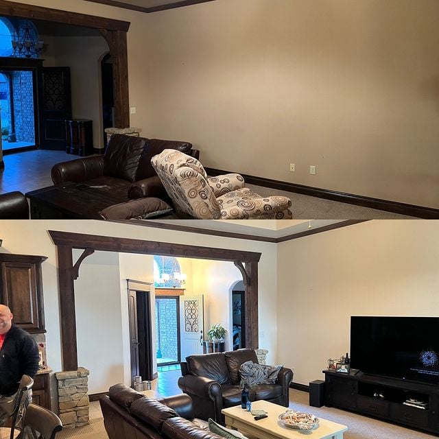 Before and after living room and entry area. Colors: Sherwin Williams - SW 7551 Greek Villa walls and ceilings