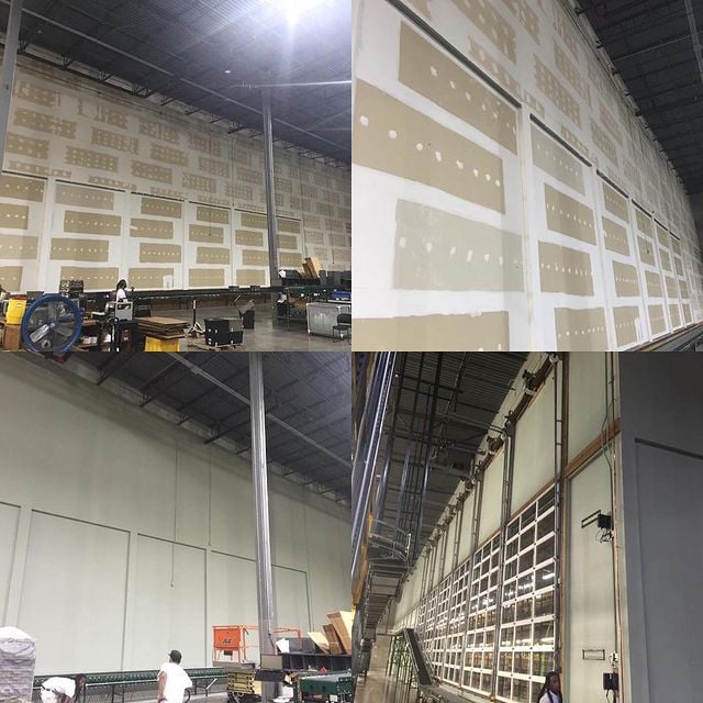 Before and after of a warehouse wall