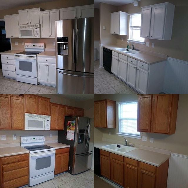 Before and after painted white kitchen cabinets