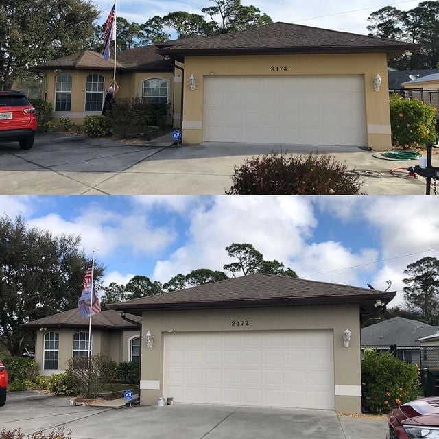 Before and after tan house with white accents