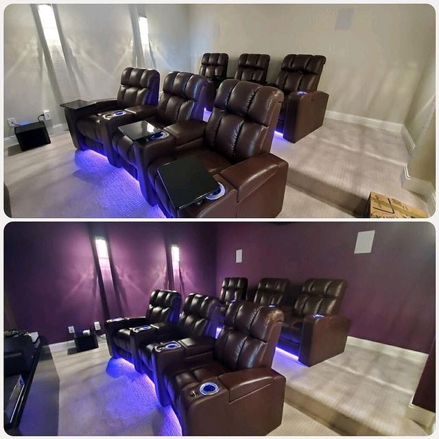 Before and after theater room with deep purple wall