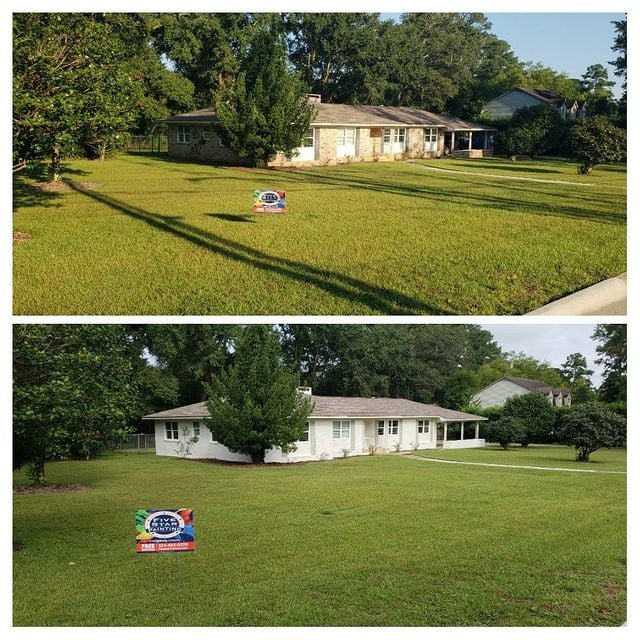 Before and after white painted brick on exterior of home