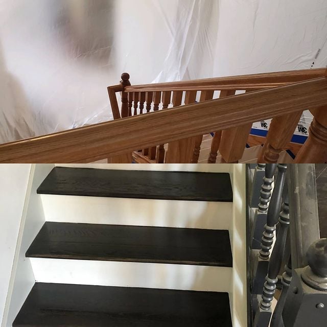 Before and after white stairs with black accents