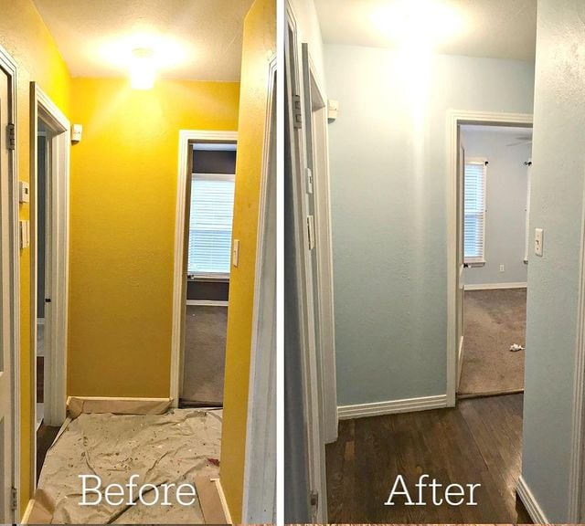 Before and after yellow hallway to blue