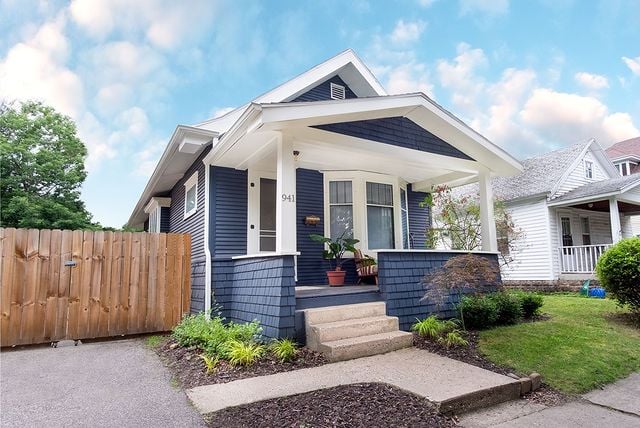 Blue house with white trim