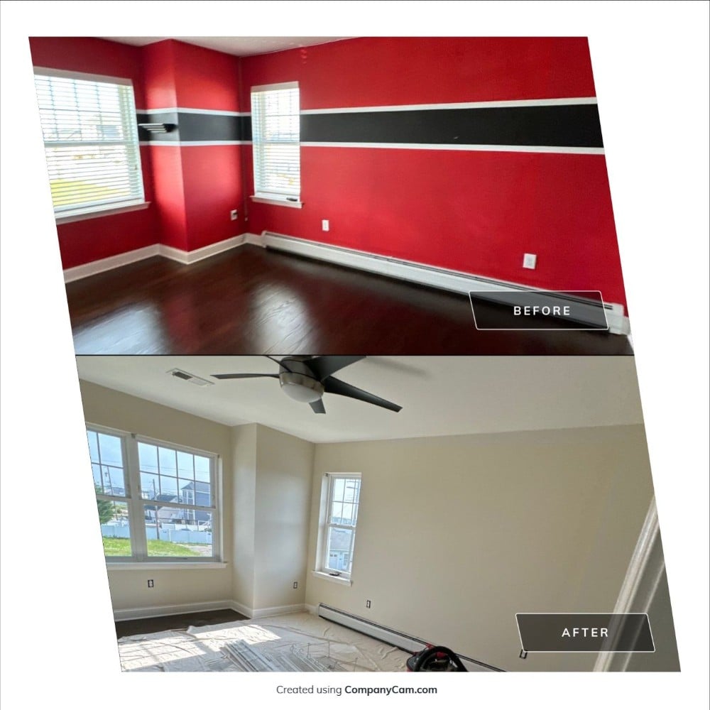 Before and after images of a room painting project by Five Star Painting. The before photo shows a room with red and black walls, while the after photo displays freshly painted light beige walls, giving the space a modern, neutral look.