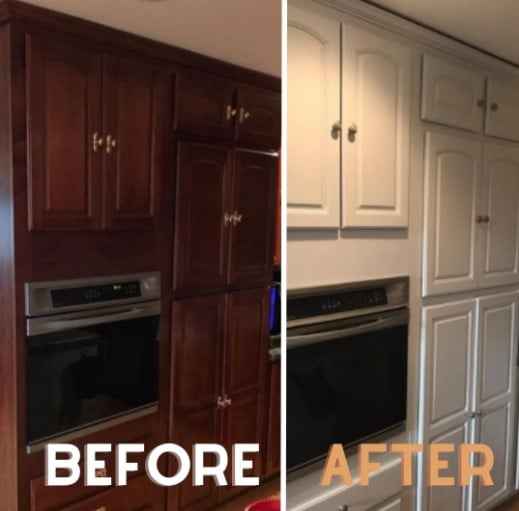 Dark wood cabinets repainted in white before and after