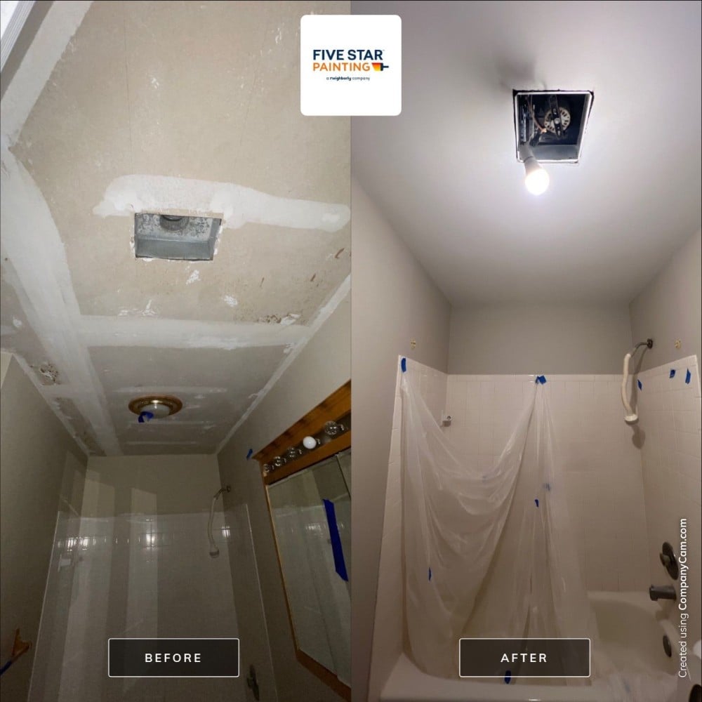 Before and after images of a bathroom ceiling repair and painting project by Five Star Painting. The before photo shows damaged drywall with exposed fixtures, while the after photo shows the ceiling restored and painted, giving the room a clean, fresh look.