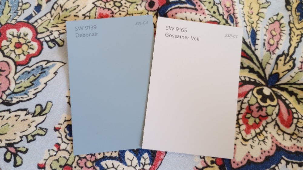 Paint examples cream and light blue on a paisley bright printed background