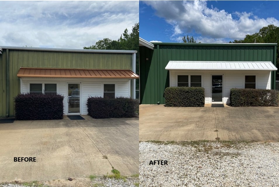 Before and After Commercial Building Sherwin Williams colors SW7005 Pure White and SW6195 Rock Garden