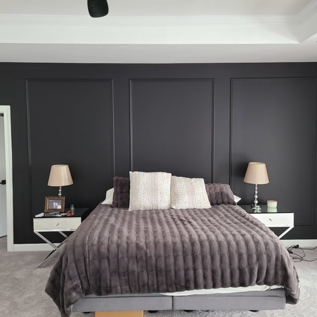 Dark grey bedroom shadow box accent wall