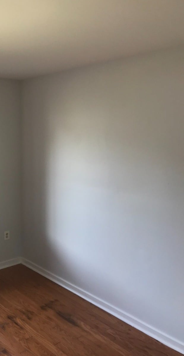 Dining Room walls in a very light almost white light blue wood floors and trim chandelier