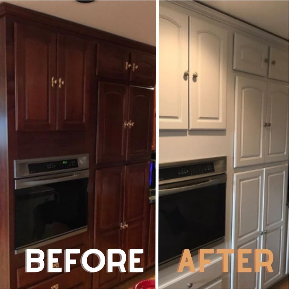 Before and after of wooden cabinets painted white