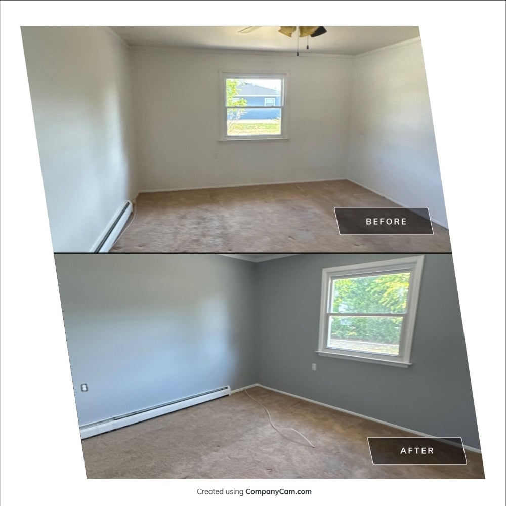 Before and after images of a bedroom painting project by Five Star Painting. The before photo shows a plain room with white walls, and the after photo reveals freshly painted gray walls, giving the space a refreshed, updated look.