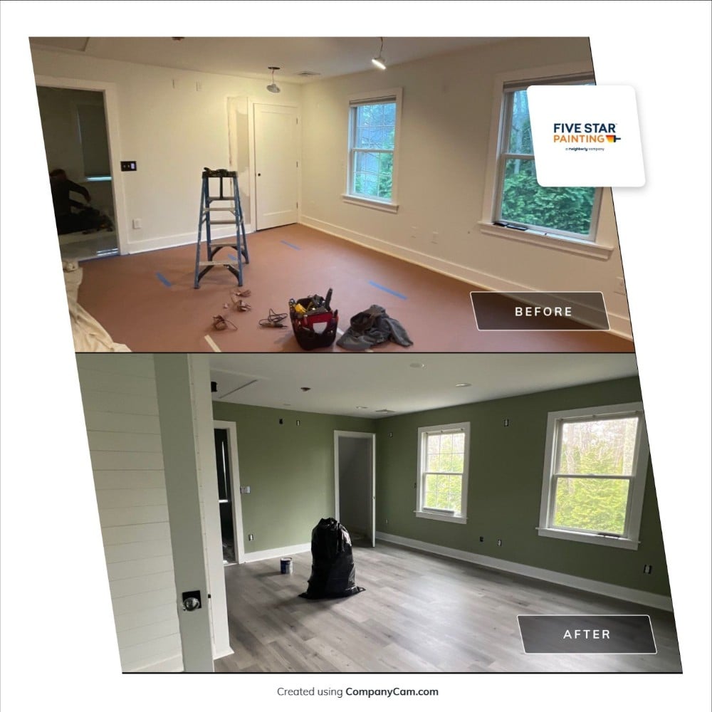 Before and after images of a room transformation by Five Star Painting. The before photo shows a plain white room in preparation for painting, and the after photo reveals freshly painted green walls with new flooring, creating a warm, updated look