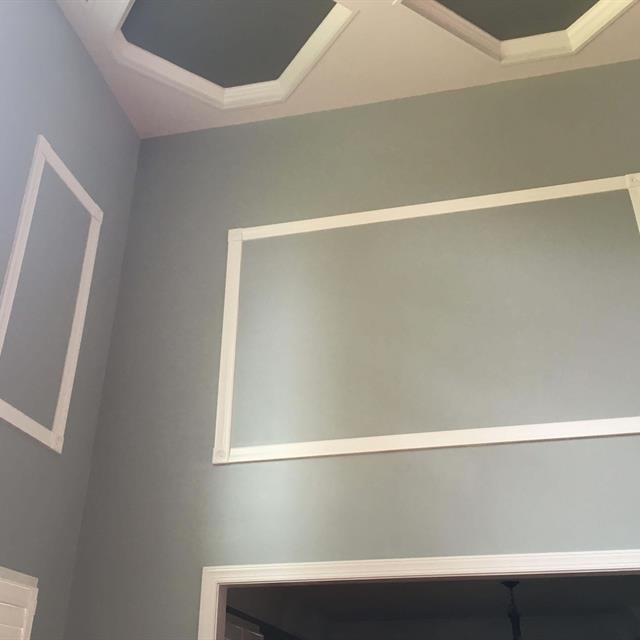 fresh painted tray ceiling and walls with matching color grey insets and walls, contrasting white shadow boxes and trim.