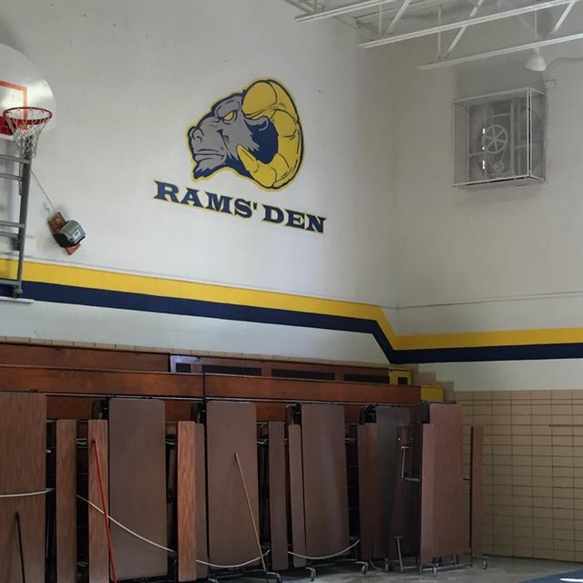 Gymnasium wall with logo of mascot