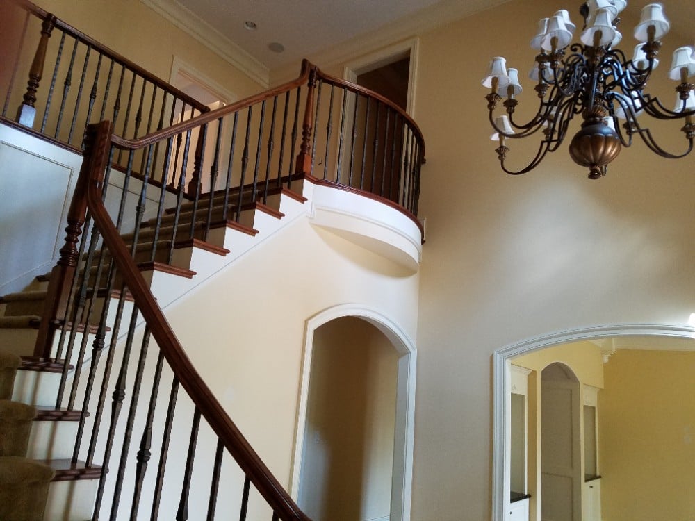 Interior Stairway We services Raleigh, Durham, Chapel Hill, Wake Forest, Brier Creek, Hillsbourough, Pittsboro, Rolesville with Sherwin Williams, Ben Moore paints for Interior, Exterior, cabinets, Decks,