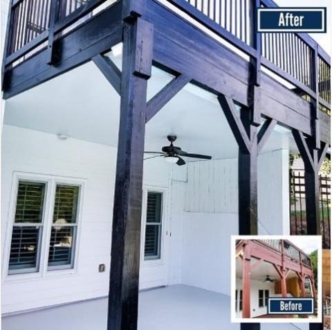 Before and after of painted wooden deck