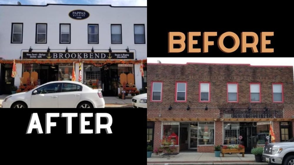 before and after of a brick storefront painted white