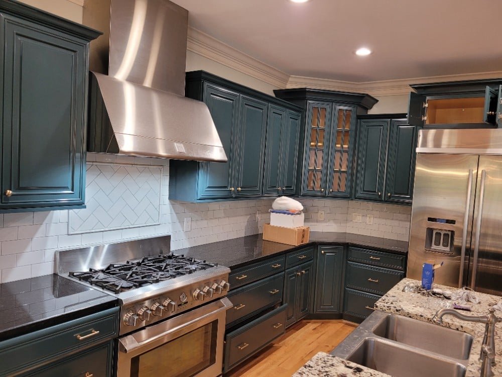 Kitchen Cabinet Repaint SW Kelly Green We services Raleigh, Durham, Chapel Hill, Wake Forest, Brier Creek, Hillsbourough, Pittsboro, Rolesville with Sherwin Williams, Ben Moore paints for Interior, Exterior, cabinets, Decks, & commerical